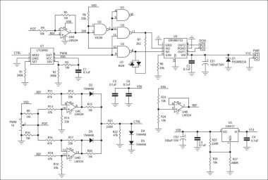 Elektronik cihazın şematik diyagramı. Mantık kapılı elektrik devresi, operasyonel amplifikatör, mikro denetleyici, entegre devre, direnç, kapasitör, kağıt kaplamasının beyaz zemininde diyot.