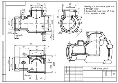 Çelik döküm mekanik bir parçanın vektör mekanik çizimi deliklerden ve boyut çizgilerinden geçiyor. Mühendislik dalaveresi. Teknik şablon. Üç boyutlu model. Çapraz bölüm.