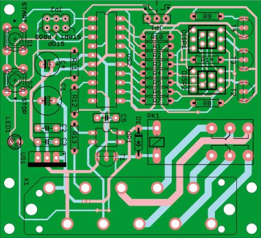 Üzerinde radyo elementleri, iletkenler ve kontak pedleri olan elektronik cihazın vektör baskılı devre kartı. Makine Dairesi çizimi.
