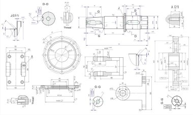 Çelik mekanik parçaların delik deşik edilmiş vektör mühendisliği çizimi. Beyaz kağıt çarşaflar üzerinde endüstriyel alçakça bir plan. Teknoloji geçmişi.