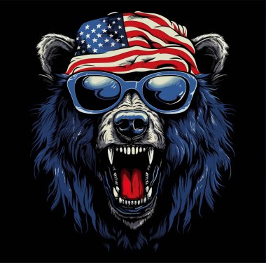 Vector design for t-shirt. Ferocious bear with glasses with american flag tied in bandana on head on black background. Fashionable print for fabric, paper, men clothing, hoodie, biker jacket.