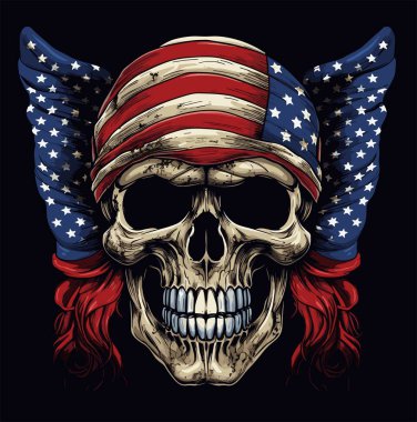 Tişört için vektör çizimi. Kafasında siyah bir arka planda bandana olan Amerikan bayrağı olan bir kafatası. Kumaş, kağıt ve erkek kıyafetleri için modaya uygun baskı..