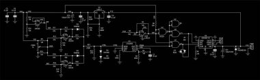 Elektronik cihazın şematik diyagramı. Mantık kapılı elektrik devresi, işlevsel amplifikatör, mikro denetleyici, entegre devre, direnç, kapasitör, kağıt tabaka üzerindeki diyot.