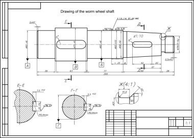 Çelik mekanik parçanın vektör çizimi, deliklerden, boyut çizgilerinden. Solucan tekerleği şaftı. Mühendislik dalaveresi. Mekanik arkaplan.