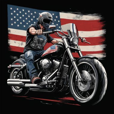 Tişört için vektör tasarımı. Motosikletli siyah arka planda Amerikan bayrağı olan bir motosikletli. Kumaş, kağıt, erkek giysileri, kapüşon, motosiklet ceketi.