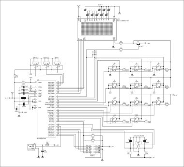 Elektronik cihazın şematik diyagramı. Lcd ekran, denetleyici, entegre devre, düğme, direnç, kapasitör, öncü, kağıt tabaka arka planında transistör ile elektrik devresi çizer.