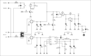 Elektronik cihazın şematik diyagramı. Entegre devre, indüktör bobini, diyot köprüsü, transformatör, röle, direnç, kondansatör, transistör, kağıt tabaka beyaz zemin üzerinde anten.