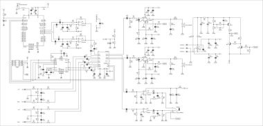 Elektronik cihazın şematik diyagramı. İşlevsel amplifikatör, entegre devre, diyot, direnç, kapasitör, beyaz arka plan üzerinde transistör elektrik devresi çizer.