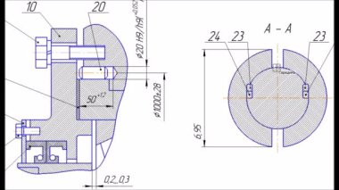 Grafiksel kaba sistemde teknik mühendislik tasarımı videosu. Mekanik cihazın parçalarının boyutlarını yaratmanın animasyonu. Beyaz kağıt üzerinde endüstriyel teknik makine şeması. 