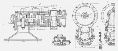 Çelik cihazların mekanik çizimi (küçültücü, vites kutusu, motor) boyut çizgileri ile. Beyaz kağıt üzerinde endüstriyel alçakça bir plan. Makine yapım endüstrisinin teknoloji geçmişi. İşlemeli şablon.