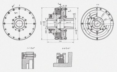 Çapayla elektromanyetik bağlantı. Makine parçası entrikası. Çelik aletin mekanik çizimi. Kağıt üzerinde endüstriyel tasarım. Makineli inşaat endüstrisinin şematik diyagramını çizdim..