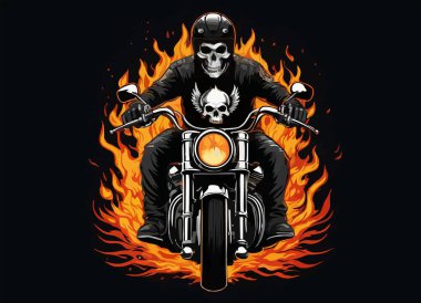 Siyah arka planda ateş ve insan kafatasına sahip motorcu tişörtü tasarımı. Kumaş, kağıt, erkek giysileri, kapüşonlu, motorcu ceketi için moda. Alevli tişört şablonu.