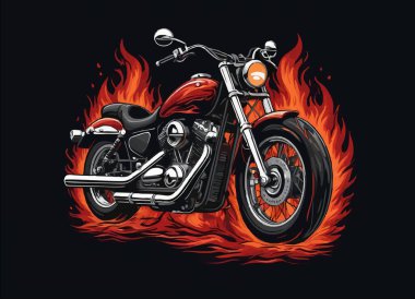 Motosikletli ve siyah arka planda yangın çıkaran bir tişört tasarımı. Kumaş, kağıt, erkek giysileri, kapüşonlu, motorcu ceketi için moda. Alevli tişört şablonu.