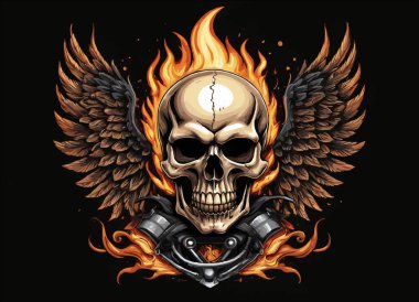Siyah arka planda insan kafatası, kanat ve ateş olan bisiklet vektör tişörtü tasarımı. Kumaş, kağıt, erkek giysileri, kapüşonlu, motorcu ceketi için moda. Alevli tişört şablonu.