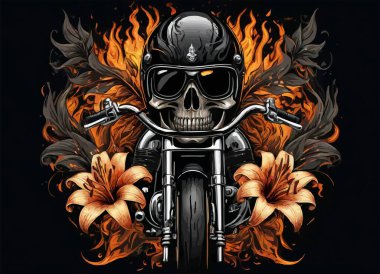 Vector t-shirt design with biker with human skull in motorcycle helmet, liliesand fire on  black background. Fashionable print for fabric, paper, men clothing, hoodie, biker  jacket. T shirt template with flame. clipart