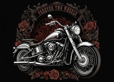 Motosikletli vektör tişört tasarımı, gül çiçeği ve siyah arka planda ateş. Kumaş, kağıt, erkek giysileri, kapüşonlu, motorcu ceketi için moda. Yazılı tişört şablonu Sonsuza dek iki tekerlek.