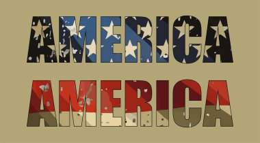 Vektör, ABD bayrağının arka planında ABD ülkesinin isminin yazılı olduğu tişört çizimini izole etti. Kumaş, kağıt, giysi deseni. Amerikan bayrağı yazı tipi. Tişört için maket.