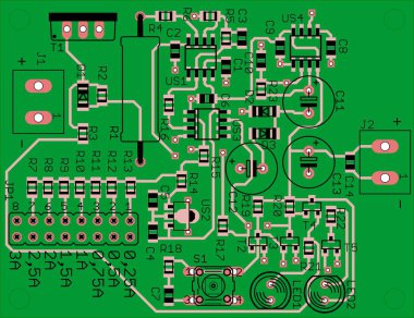 Elektronik cihazın radyo elementleri, iletkenler ve pcb 'ye yerleştirilmiş kontak pedleri içeren vektör baskılı devre kartı. Mühendislik, teknik eğitim çizimi. Bilgisayar teknikleri kaba tasarımı.