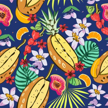 Tropikal meyve ve çiçekli vektör yaz deseni (kakao, mandalina dilimleri, narsistler), mavi arka planda palmiye yaprakları. Kumaş, kağıt, tekstil, kadın giysileri, ambalaj için moda süsü.