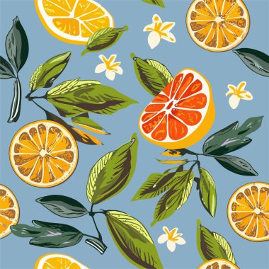 Tropik meyve portakallı, küçük beyaz çiçekli, mavi arka planda yaprakları olan parlak yaz şablonu. Kumaş, kağıt, tekstil, not defteri, kadın giysileri, kart, ambalaj için moda süsü.