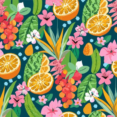 Tropikal meyveler, çiçekler, böğürtlenler, mavi arka planda bitkiler. Kumaş, kağıt, tekstil, not defteri, kadın giysileri, kart, ambalaj.