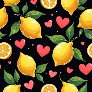 Vector pattern in style of Valentine Day with tropical fruits lemon, hearts, leaves on black background. Fashion ornament for fabric, paper, textiles, notepad, woman clothing, card, packaging. clipart