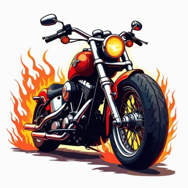 Motosikletli vector t-shirt tasarımı ve beyaz arka planda yangın. Kumaş, kağıt, erkek giysileri, kapüşonlu, motorcu ceketi için moda. Alevli tişört şablonu.