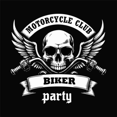 Motosiklet, insan kafatası ve siyah arka planda izole edilmiş kanatları olan vektör tişört tasarımı. Kumaş, erkek kıyafetleri, kapüşonlu, motorcu ceketi için moda. Harfli tişört şablonu.
