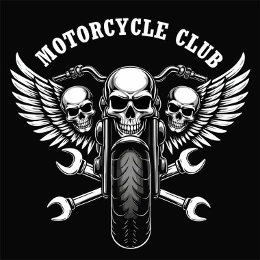 Motosiklet, insan kafatası, kanatlar, ingiliz anahtarı, siyah arka planda tekerlek. Kumaş, erkek kıyafetleri, kapüşonlu, motorcu ceketi için moda. Harfli tişört şablonu.