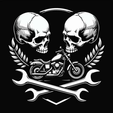 Motosiklet, insan kafatası ve siyah arka planda izole edilmiş ingiliz anahtarı olan vektör t-shirt tasarımı. Kumaş, erkek kıyafetleri, kapüşonlu, motorcu ceketi için moda. Tişört şablonu.