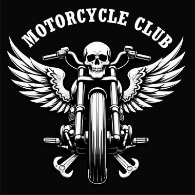 Motosiklet, insan kafatası ve siyah arka planda kanatları olan vektör tişört tasarımı. Kumaş, erkek kıyafetleri, kapüşonlu, motorcu ceketi için moda. Harfli tişört şablonu.