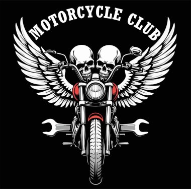 Siyah arka planda insan kafatası, motosiklet, kanat ve ingiliz anahtarı olan bisiklet vektör tişörtü tasarımı. Kumaş, kağıt, erkek giysileri, kapüşonlu, motorcu ceketi için moda. Tişört şablonu.