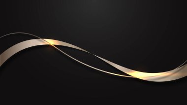 Soyut 3D parlak altın kurdele dalgası elementleri siyah arka plan lüks tarzında parlıyor. Vektör grafik illüstrasyonu