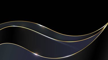 Soyut 3D lüks altın dalga koyu arkaplanda parlayan ışık etkisi. Vektör grafik illüstrasyonu.