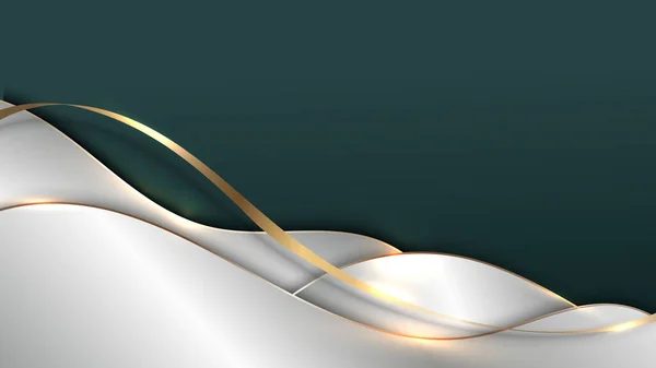 Soyut 3D lüks altın dalga şerit şeklindeki elementler yeşil arkaplan üzerinde parlayan ışık etkisine sahiptir. Vektör grafik illüstrasyonu.