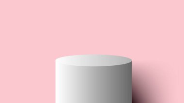 Pembe arka planda 3D beyaz podyum, asgari duvar sahnesi. Ürün gösterimi, sunum modeli, vitrin vs. için kullanabilirsiniz. Vektör grafik illüstrasyonu.