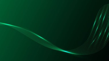 Soyut konsept çizgileri yeşil arkaplanda dinamik parçacık deseni sallıyor. Vektör grafik illüstrasyonu.