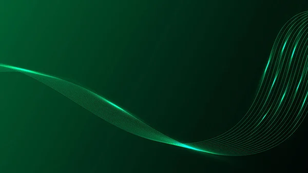 Soyut konsept çizgileri yeşil arkaplanda dinamik parçacık deseni sallıyor. Vektör grafik illüstrasyonu.