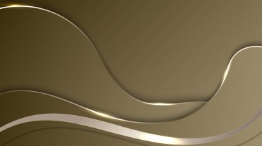 Soyut 3D lüks altın dalga çizgileri elementler kahverengi arkaplan üzerinde parlayan ışık etkisi. Vektör grafik illüstrasyon.