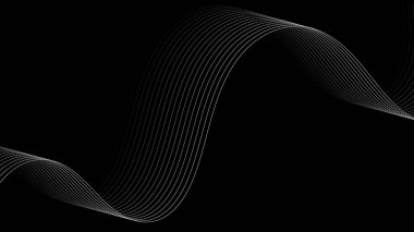Siyah arkaplan üzerinde dalga olan soyut beyaz eğimli çizgiler. Vektör grafik illüstrasyonu.