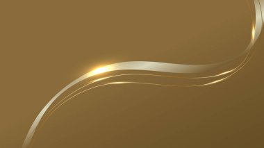 Soyut 3D lüks altın kurdele ve arka planda parlayan ışık efektli çizgi elementleri. Vektör grafik illüstrasyonu.