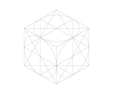 Bir küpün izometrik çizimi ve üzerinde daireler kazılı