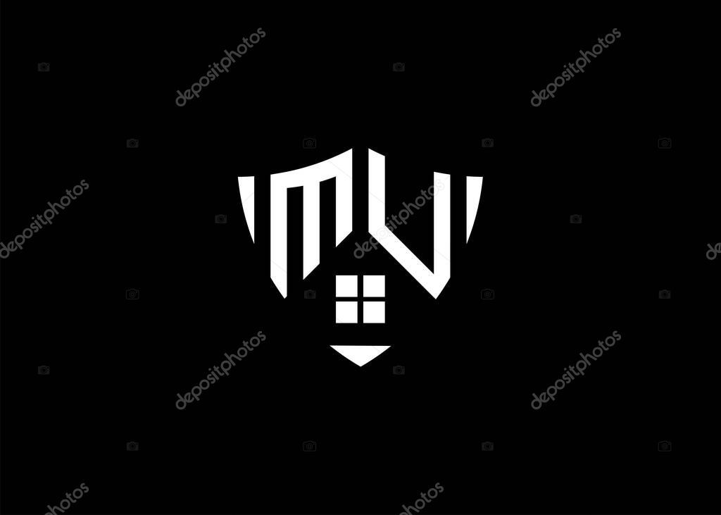 Real estate letter MU shield shape logo and house building vector template
