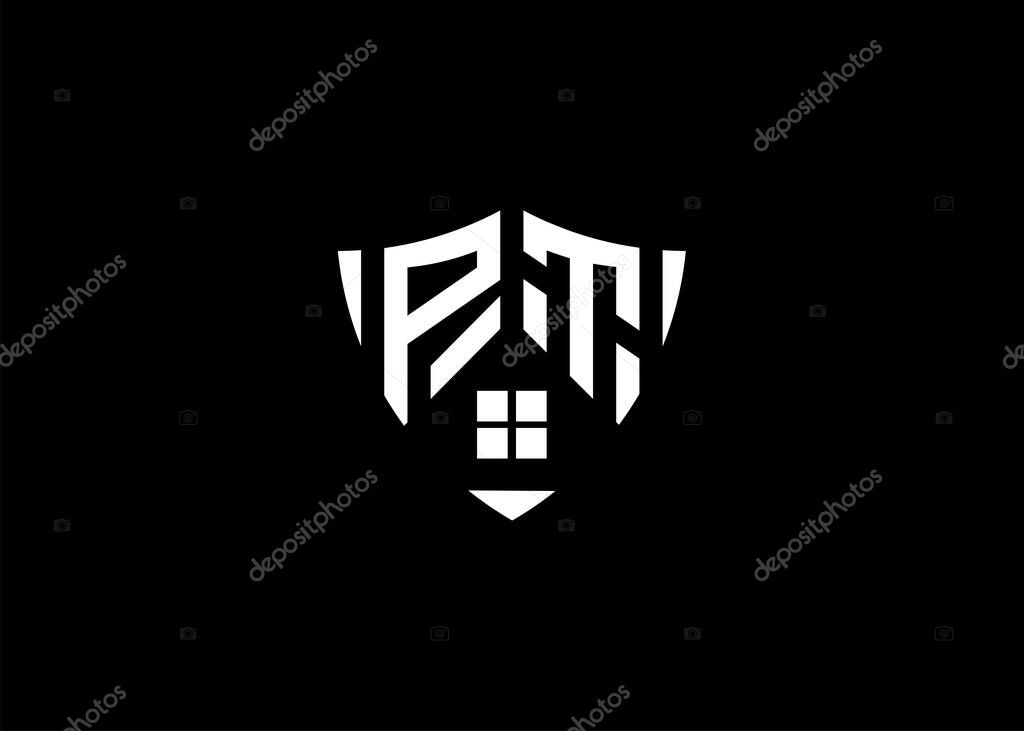 Real estate letter PT shield shape logo and house building vector template