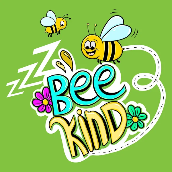 Bee Kind Illustration Cute Little Bees Flowers — Stock Vector