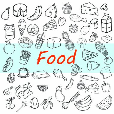 Set of food, drinks doodles, icons, vector line art clipart