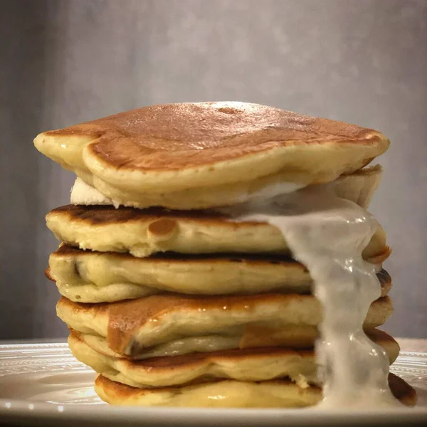 Frittelle Dolce Pancake Fatto Casa Con Latte Miele — Foto Stock