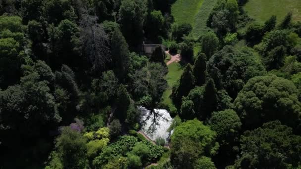 英国南德文郡托尔金顿 无人驾驶飞机直接俯瞰着游戏管理员的小屋和考金顿郊野公园的三个池塘 — 图库视频影像