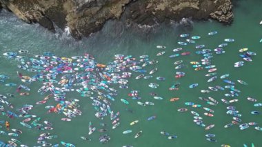 Brixham, Torbay, Güney Devon, İngiltere: DRONE VİEWS: Katılımcılar Fishcombe Cove 'da toplanarak denizdeki en büyük kürek çekme rekorunu kırmaya çalışıyorlar. Torbay su sporları meraklıları için bir mıknatıstır (Bölüm 6).