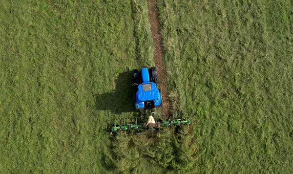 Broadbay, Torbay, Güney Devon, İngiltere: DRONE ViEW: Çayırları harmanlayan bir çiftlik traktörü manzarası. Devon önemli bir tarıma elverişli tarım bölgesidir (Fotoğraf 2 / 2).